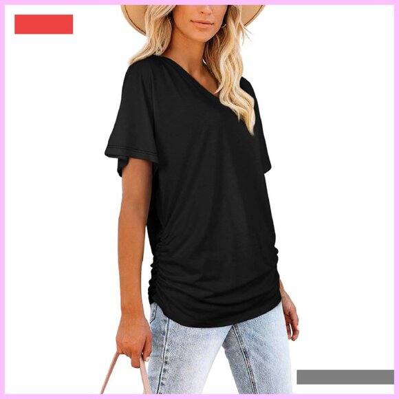 Women's V-Neck Dolman Top with Side Shirring Loose Fit T-Shirt - Picture 3 of 4